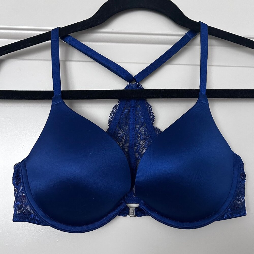 Victoria's Secret PINK Push up Racerback Plunge Blue Satin Lace Bra Size 34C
